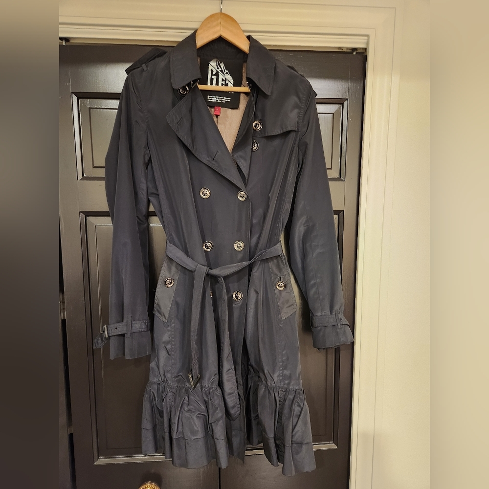 G.E.T. Dark Navy Black Ladies Trench Coat Belted, Ruffle Hem, size M